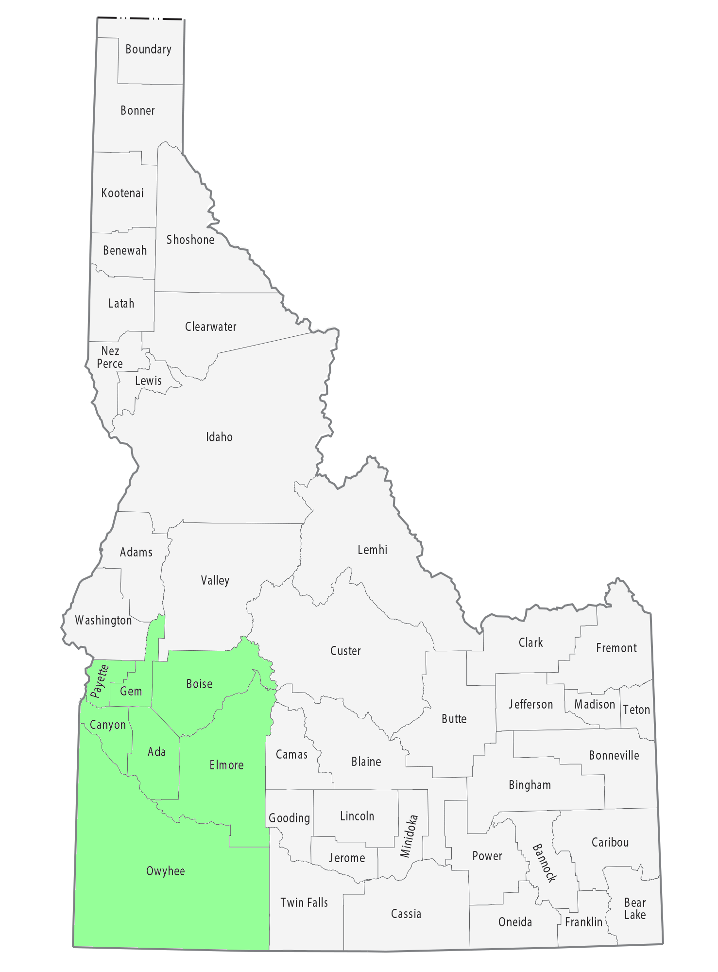 A map of Idaho showing the county lines and the coverage area of appraisals in green