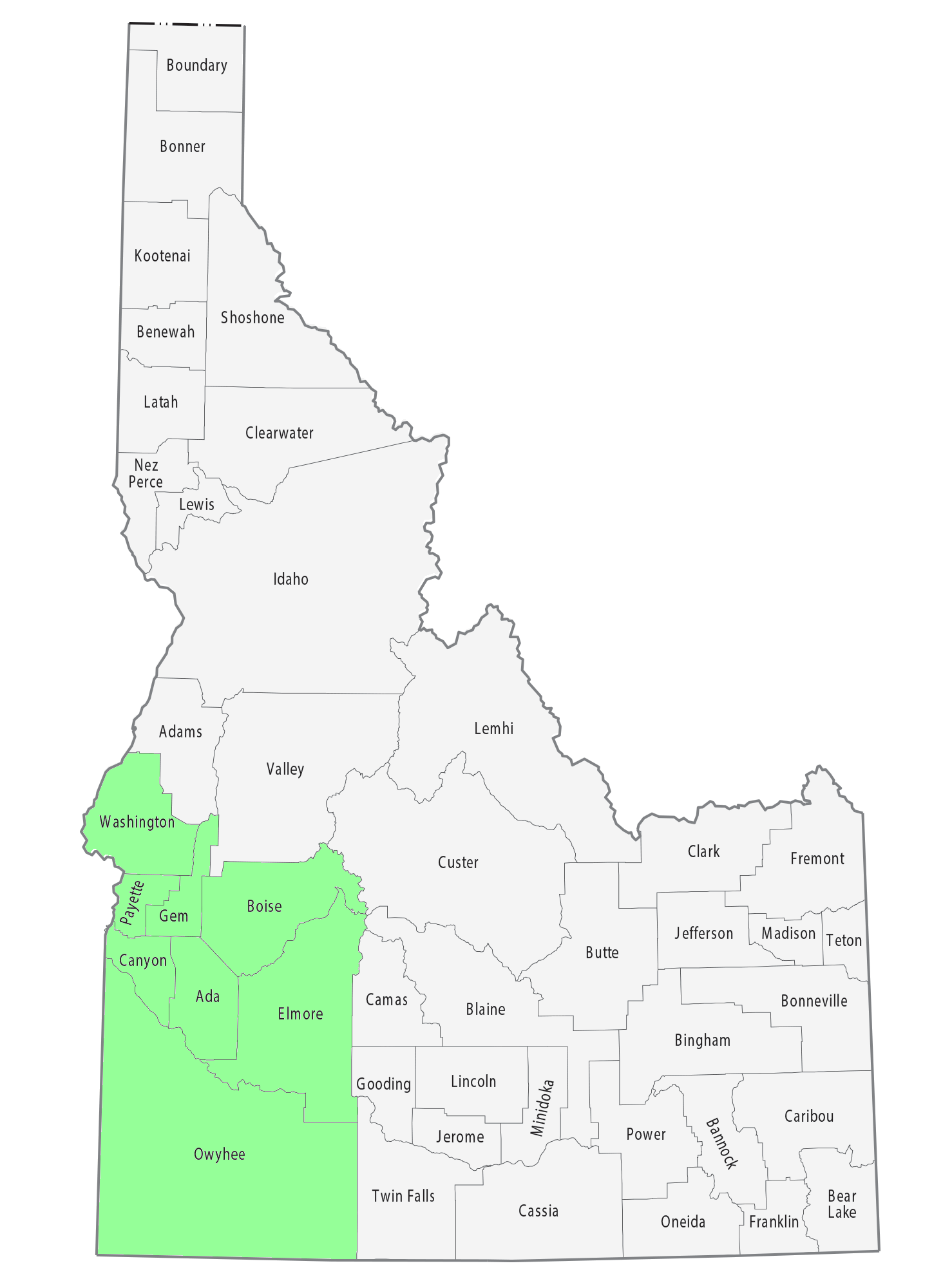 A map of Idaho showing the county lines and the coverage area of appraisals in green